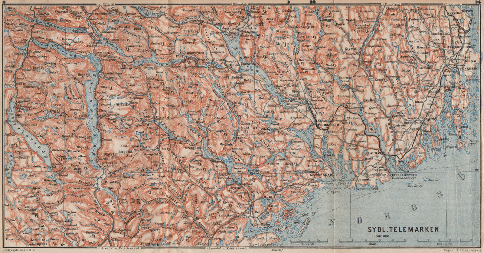SOUTH TELEMARKEN. Tonsberg Larvik Sandefjord Skien Kragero. Norway 1899 map